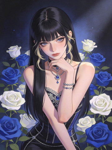 蓝白玫瑰环绕冷艳少女插画1