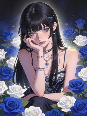 蓝白玫瑰环绕冷艳少女插画2