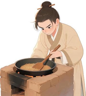 古风男子灶台翻炒谷物插画