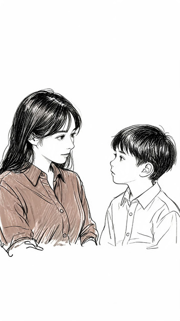母子对视速写人物插画