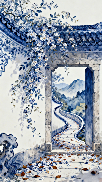 青花瓷风中式庭院门景插画设计素材