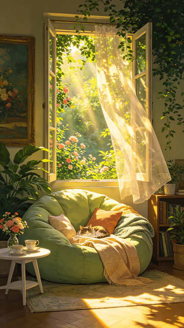 油画风插画阳光窗边绿植猫窝温馨治愈素材
