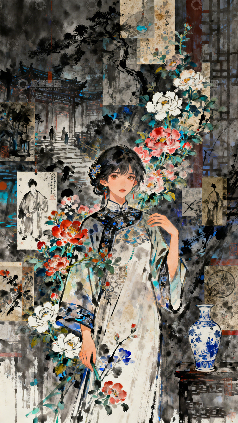高清大图下载【趣麦麦图】国风插画旗袍女子花卉设计素材