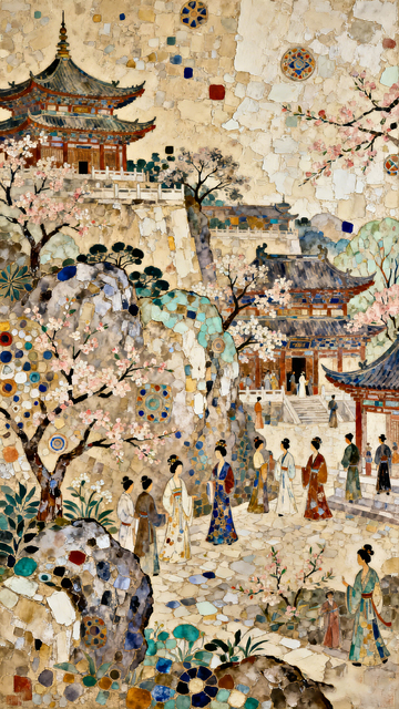 马赛克风古典园林人物场景设计素材