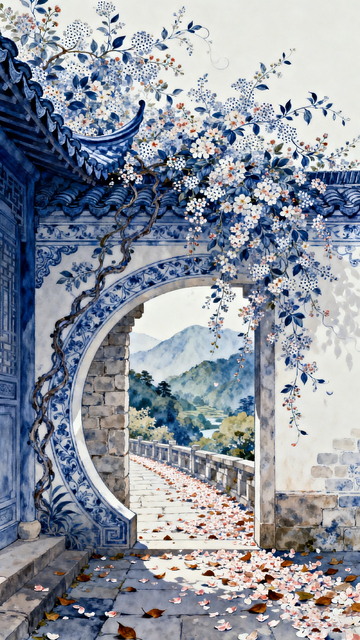 青花瓷风中式园林拱门插画设计素材