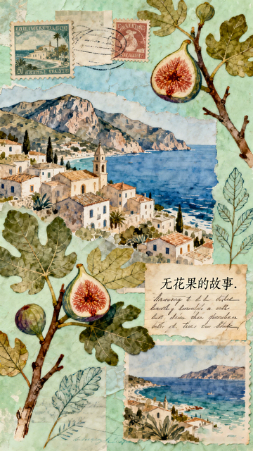 复古拼贴地中海小镇无花果插画素材