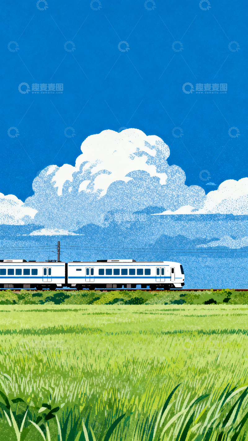 高清大图下载【趣麦麦图】-插画风田野列车风景设计素材
