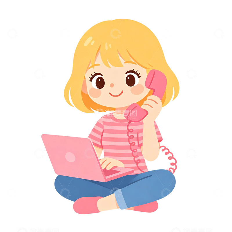 高清大图下载【趣麦麦图】卡通风小女孩打电话电脑设计素材