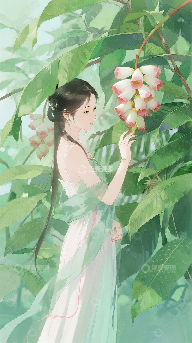 高清大图下载【趣麦麦图】-林间赏花古风女子水彩插画