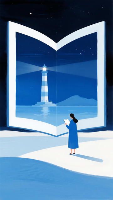 书本灯塔夜晚阅读寓意插画