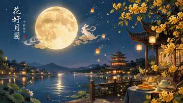 国风中秋夜景花好月圆插画设计素材