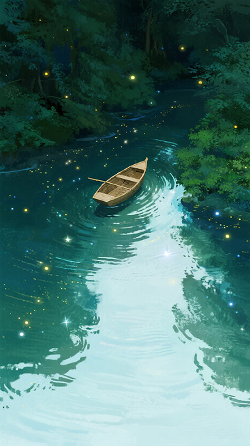 动漫风夜景小舟森林河流设计素材