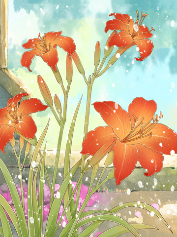 水彩风冬日窗边萱草花插画素材