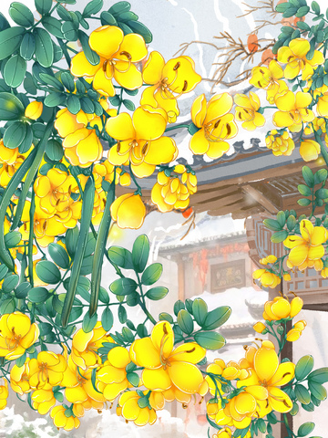 国风水墨风决明花古建筑插画设计素材