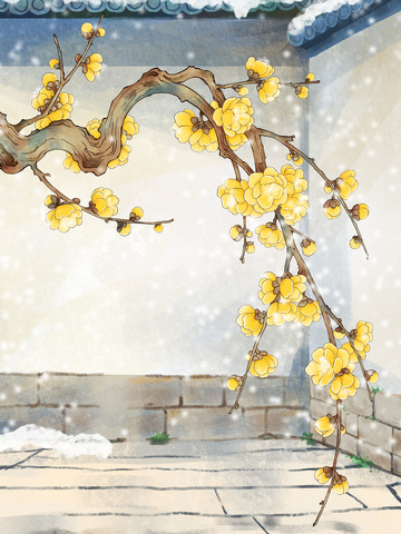 国风水墨风腊梅雪景插画设计素材