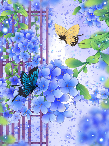 插画风蓝雪花蝴蝶花园设计素材