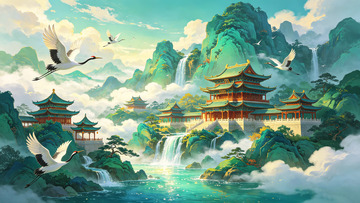 国风山水仙境古建筑插画素材