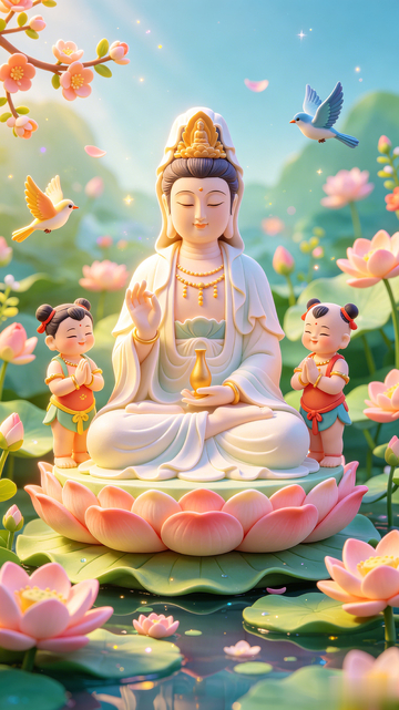 国风治愈系观音菩萨插画设计素材