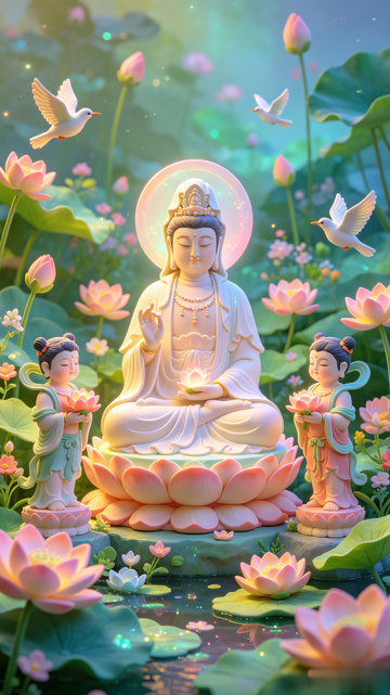梦幻风观音菩萨莲花池雕塑设计素材