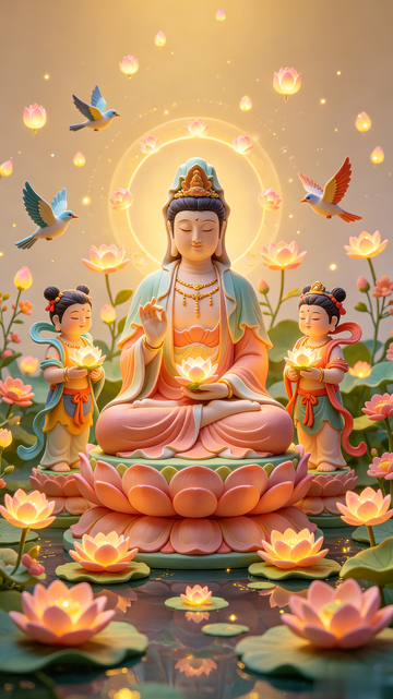 国风佛像莲花仙境插画设计素材