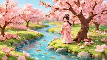 国风插画春日赏樱仕女设计素材
