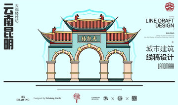 云南昆明城市地标矢量建筑线描大观楼