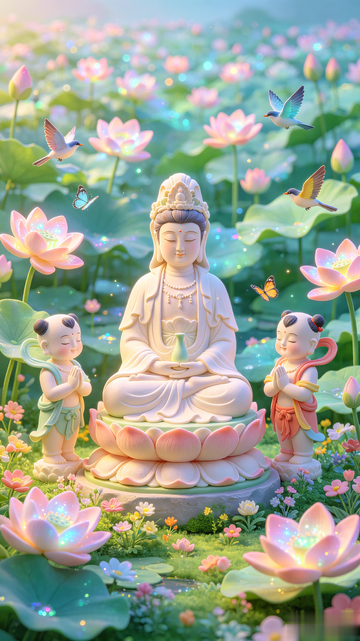 梦幻风观音菩萨莲花仙境设计素材