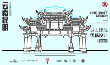 云南昆明城市地标矢量建筑线描官渡古镇