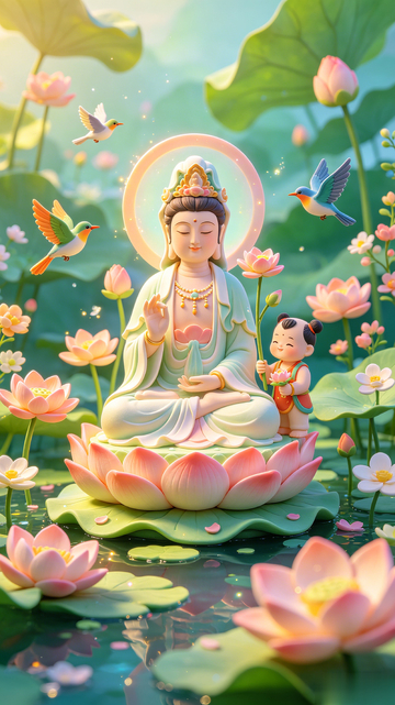梦幻风观音菩萨莲花池插画设计素材