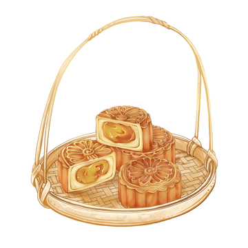 手绘风中秋月饼竹篮插画设计免扣素材