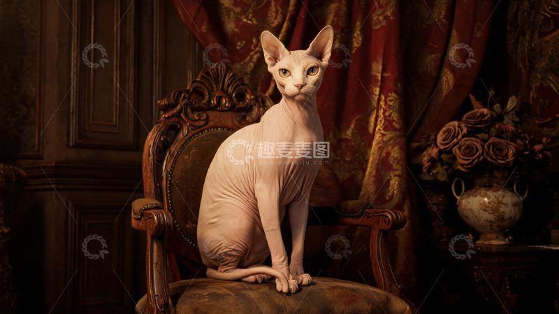 高清大图下载【趣麦麦图】-复古风无毛猫端坐古典椅设计素材
