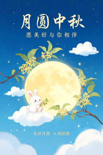 插画风中秋团圆玉兔明月设计素材