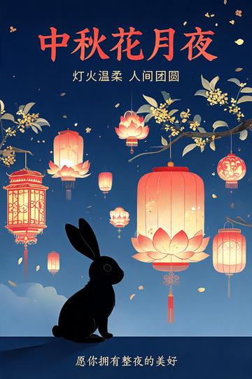 国风中秋花月夜剪影兔灯设计素材