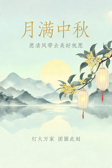 国风手绘中秋月圆灯景设计素材