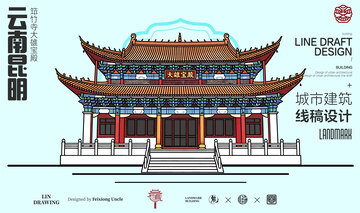 云南昆明筇竹寺城市地标矢量建筑线描