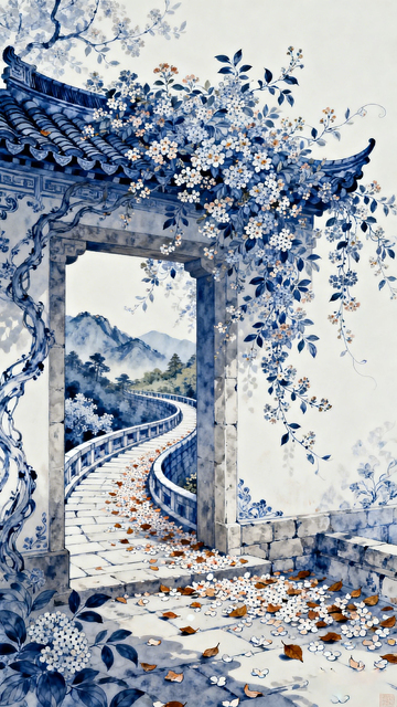 青花瓷风中式庭院拱门插画设计素材
