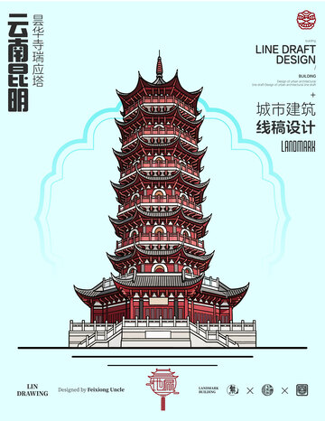 云南昆明昙华寺城市地标矢量建筑线描