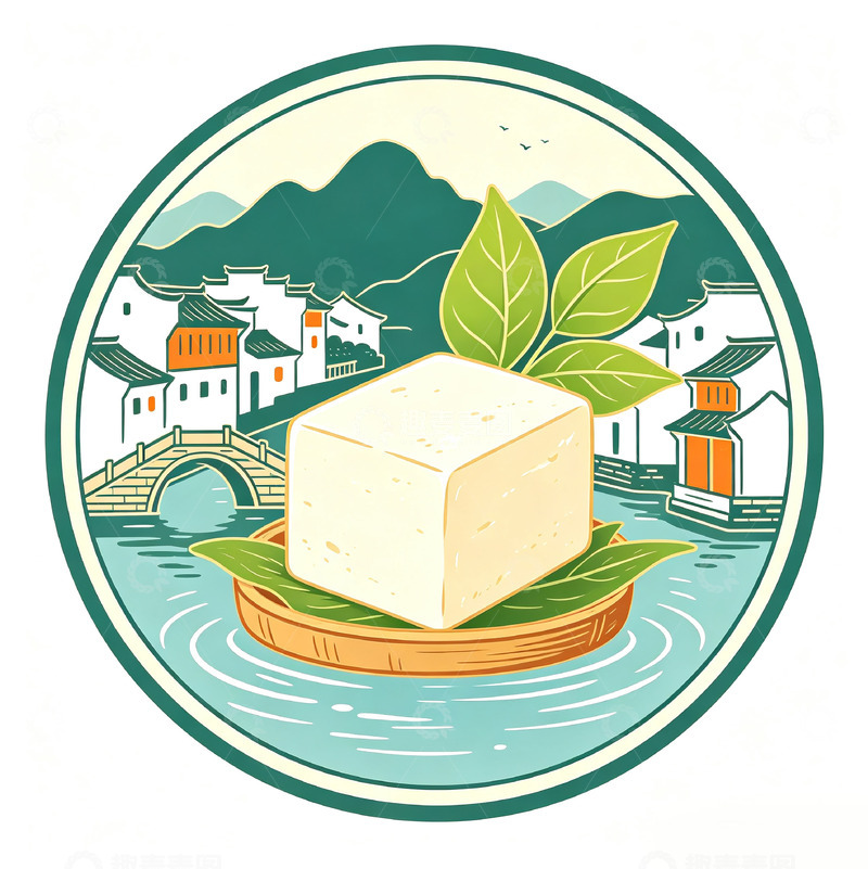 高清大图下载【趣麦麦图】-插画风江南水乡豆腐LOGO设计素材