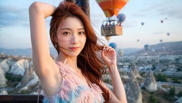 写实风热气球旅行少女摄影素材