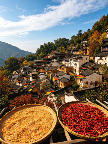 山间古村秋日民居全景图1
