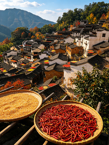 山间古村秋日民居全景图0