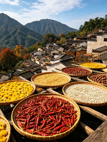 山间古村屋顶晒秋全景1