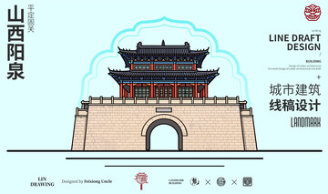 山西阳泉平定固关城市地标矢量建筑线描