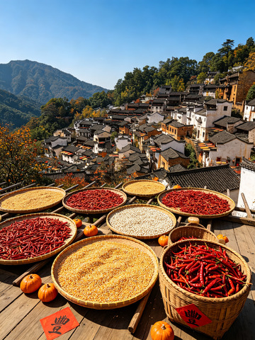 山间古村屋顶晒秋全景7
