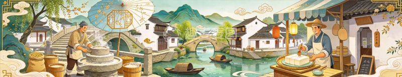 高清大图下载【趣麦麦图】-国风手绘江南水乡生活场景豆腐坊设计素材