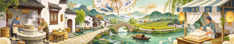 高清大图下载【趣麦麦图】-国风手绘豆腐坊江南水乡古镇设计素材
