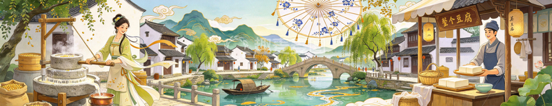 高清大图下载【趣麦麦图】-国风豆腐坊江南古镇手绘人物场景设计素材