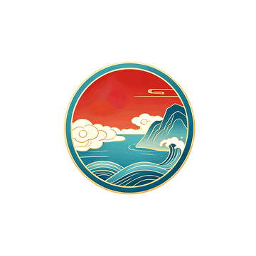 国风圆形山水海浪插画设计素材