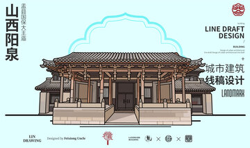 山西阳泉大王庙城市地标矢量建筑线描海报
