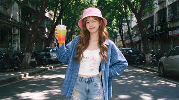 清新风街头少女手拿饮品设计素材